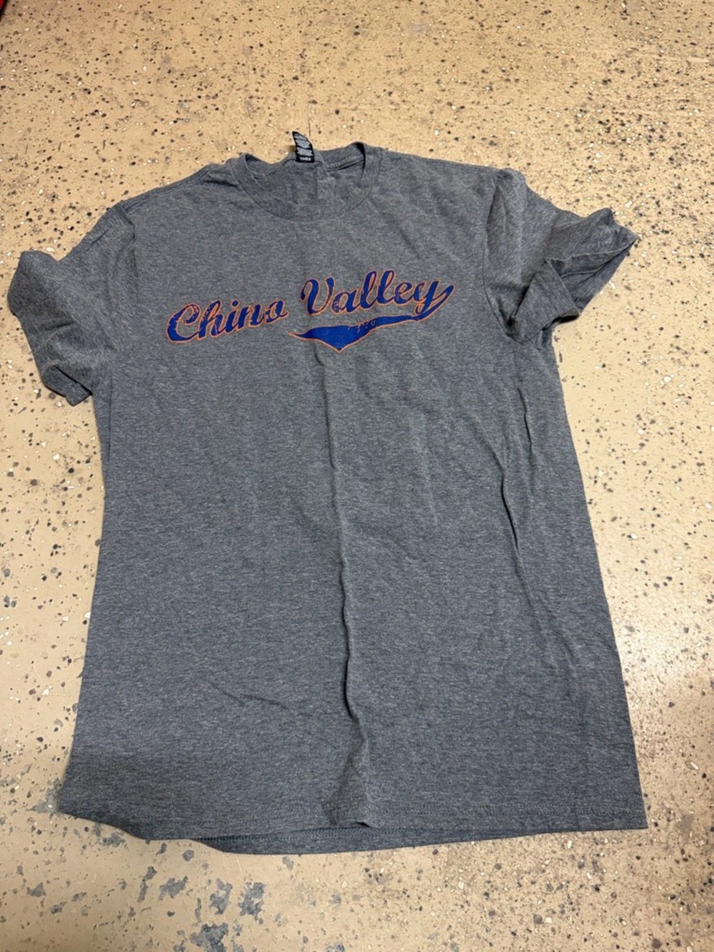 District China Valley Heather Gray Short Sleeve Tee with Blue & Orange Script